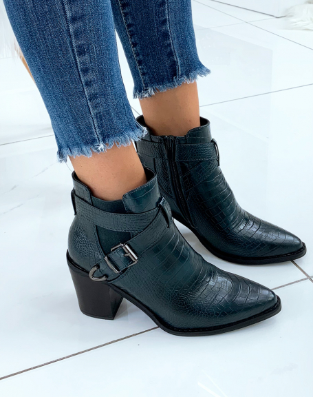 Blue ankle boots with croc-effect heels and double straps