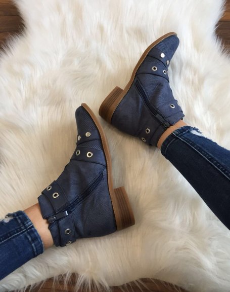 Blue ankle boots with studded straps open at the front