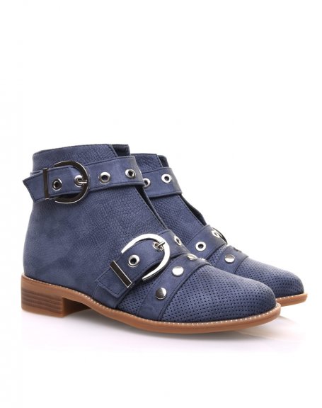 Blue ankle boots with studded straps open at the front