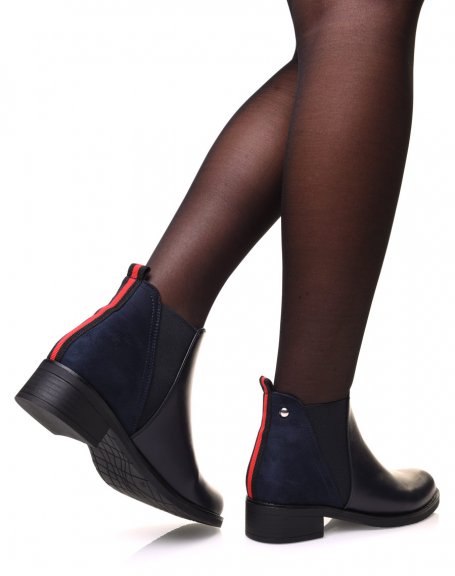 Blue ankle boots with two-tone elastic at the back