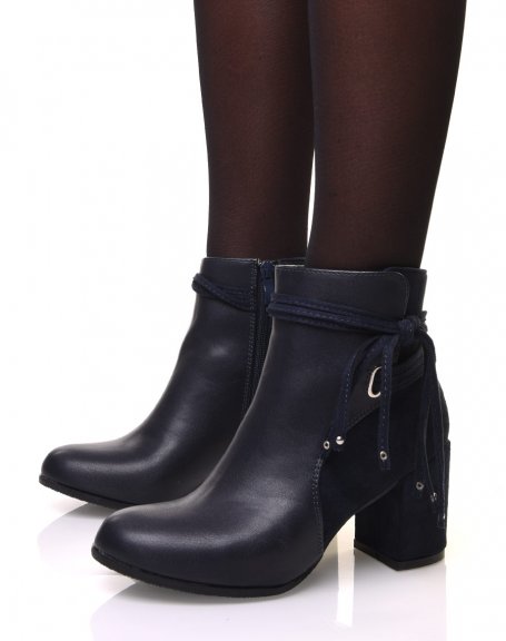 Blue bi-material ankle boots with heels and tie details