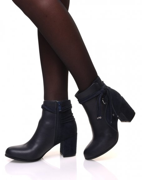 Blue bi-material ankle boots with heels and tie details