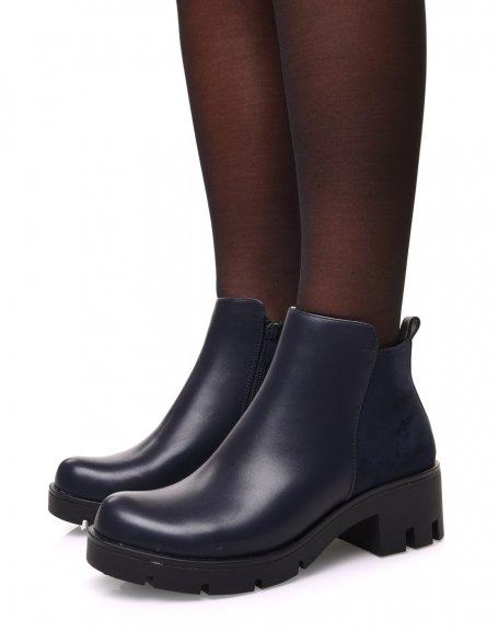 Blue bi-material ankle boots with small heel and notched sole