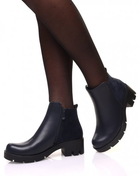 Blue bi-material ankle boots with small heel and notched sole