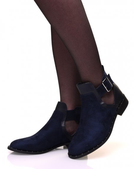 Blue bi-material openwork studded ankle boots