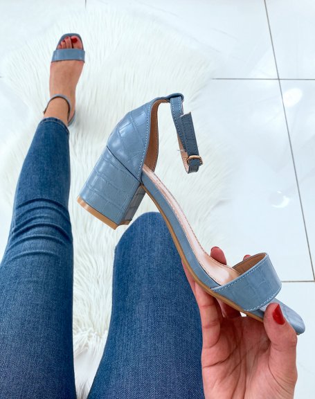 Blue croc-effect sandals with low heel