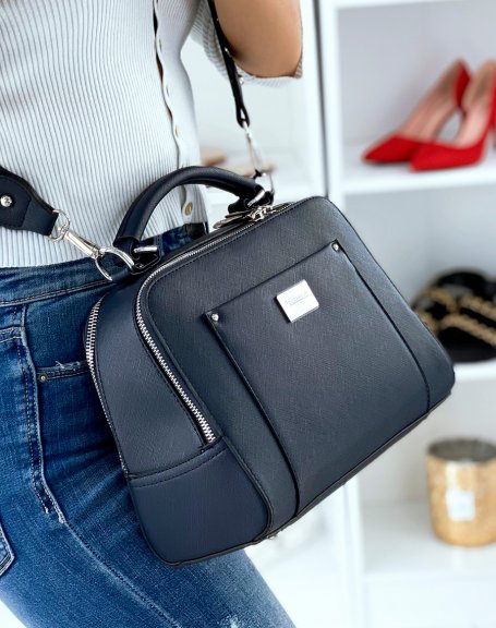 Blue Double Pocket Satchel Style Handbag