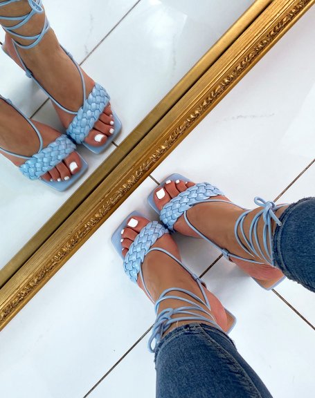 Blue heeled sandals with braided strap and long straps