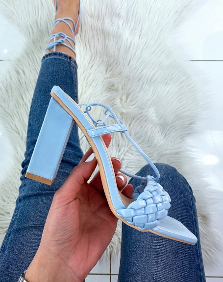 Blue heeled sandals with braided strap and long straps