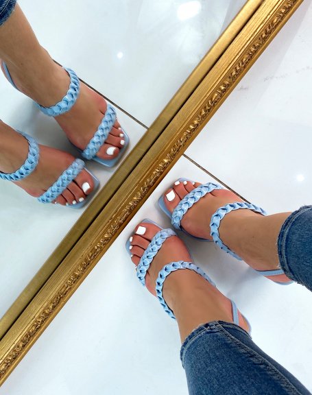 Blue heeled sandals with multiple braided straps