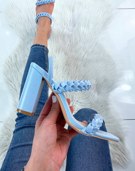 Blue heeled sandals with multiple braided straps