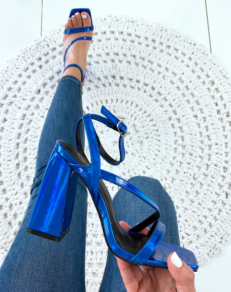 Blue holographic effect multi-strap heeled sandals