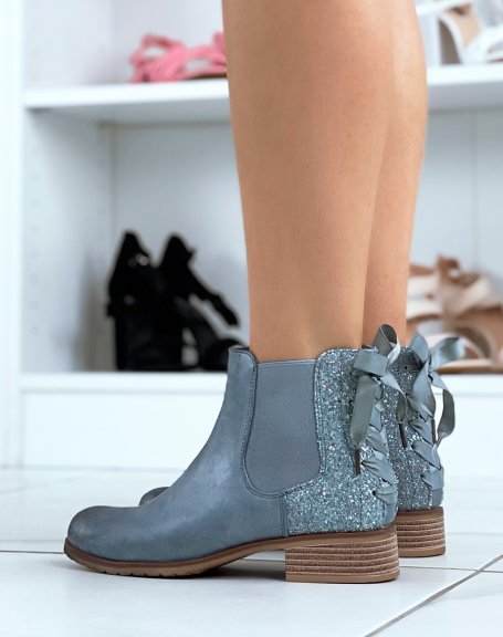 Blue low Chelsea boots with sequins and bow