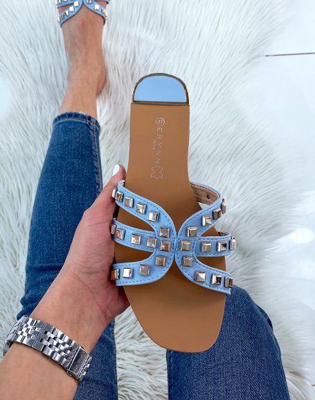 Blue mules with multiple straps adorned with studs