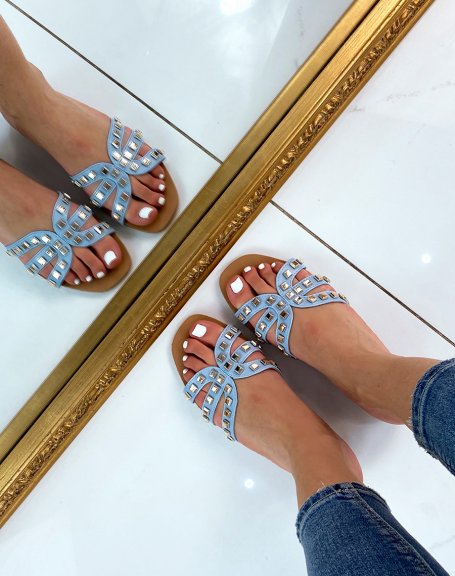 Blue mules with multiple straps adorned with studs