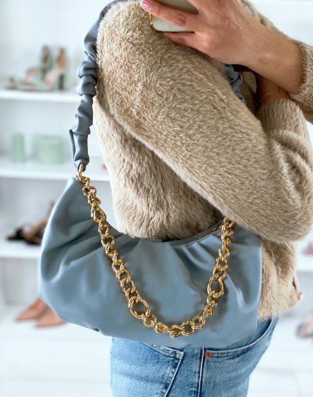 Blue pleated satchel handbag with golden chain