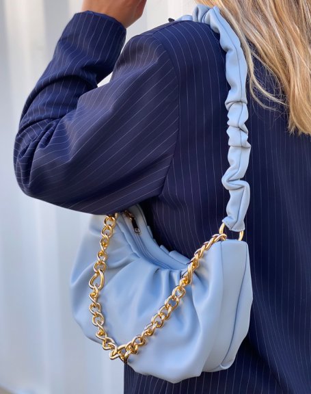 Blue pleated satchel handbag with golden chain