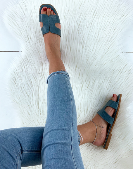 Blue python-effect faux leather mules with wide strap