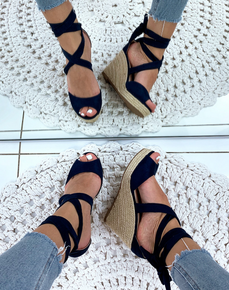 Blue suede wedges with crisscrossed laces