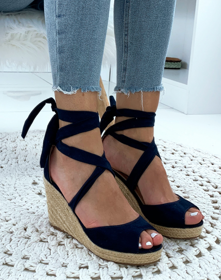 Blue suede wedges with crisscrossed laces