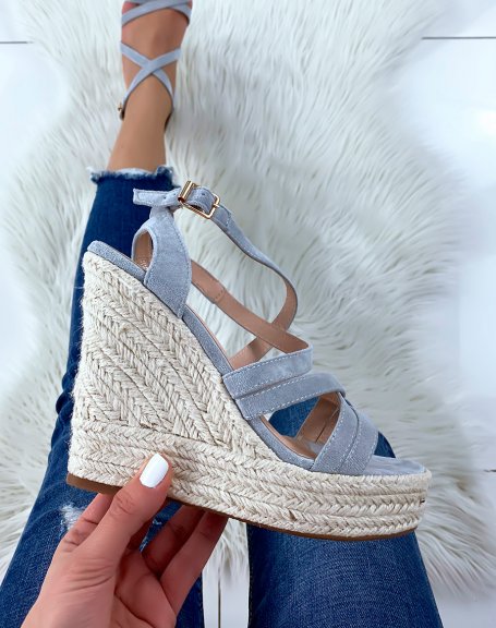 Blue suede wedges with crossed straps