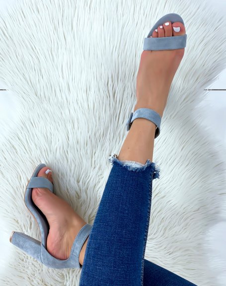 Blue suedette heeled sandals with square buckle