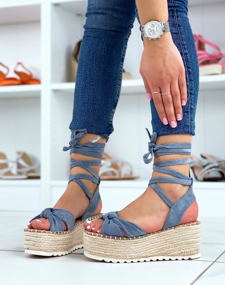 Blue suedette lace-up wedge sandals