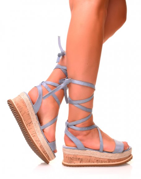 Blue suedette lace-up wedge sandals