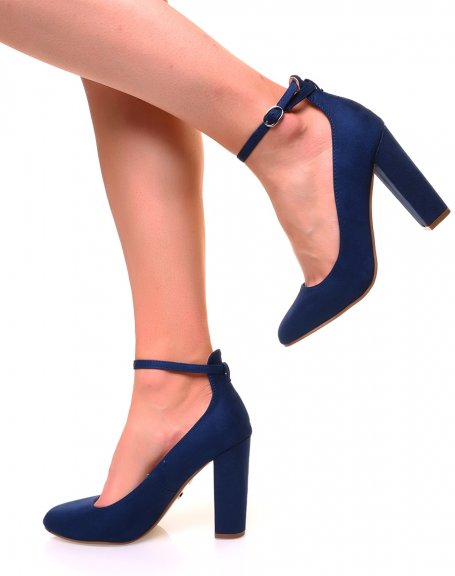 Blue suedette pumps with square high heels