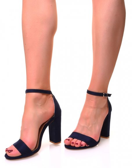 Blue suedette sandals with square heels and thin straps