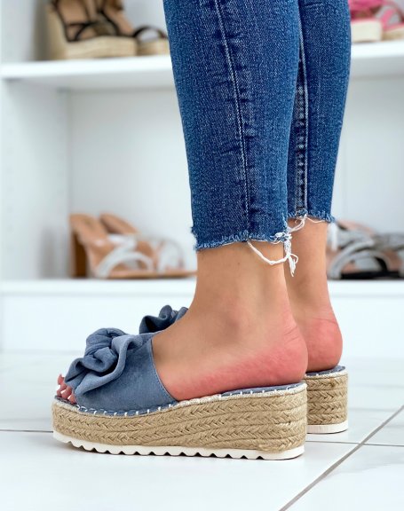Blue wedge mules with bow