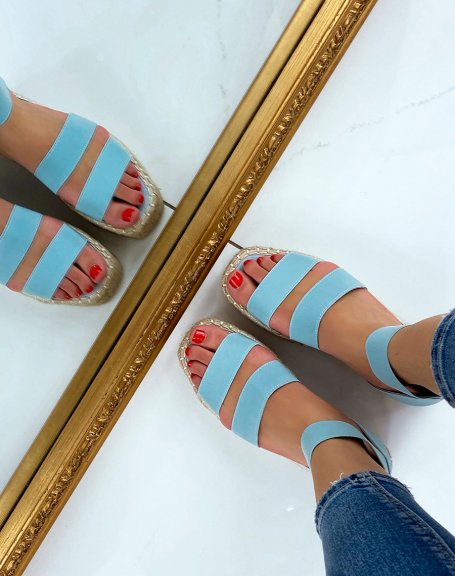 Blue wedge sandals with elastic straps