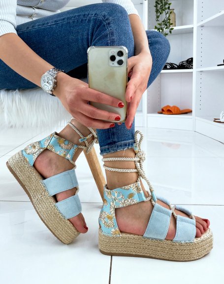 Blue wedges with asymmetric patterns with lace and hessian sole