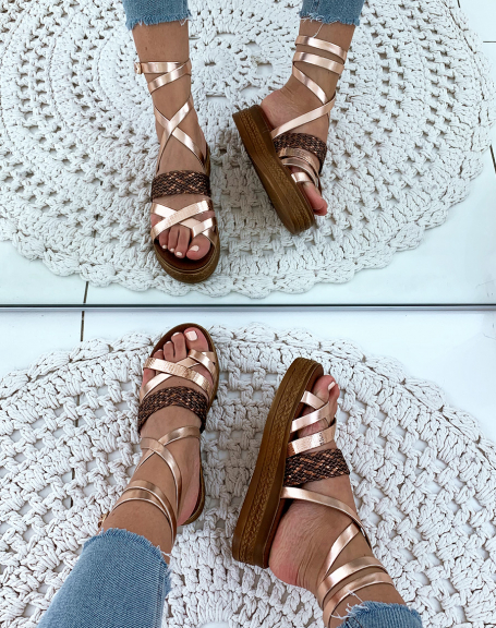 Bronze leather sandals with platform soles and laces
