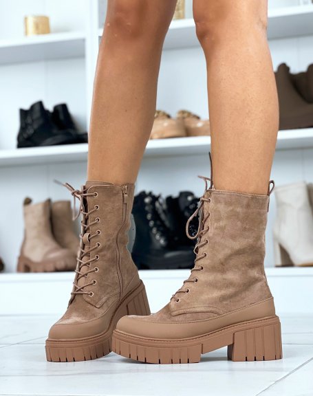 Brown ankle boots in suede with lace and chunky sole