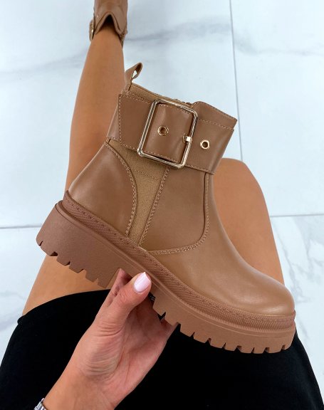 Brown ankle boots with thick and golden strap