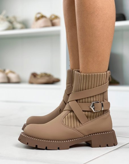 Brown criss-cross sock-effect ankle boots