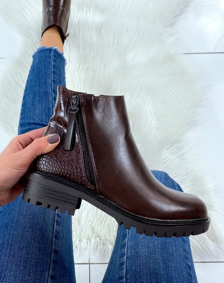 Brown croc-effect bi-material ankle boots