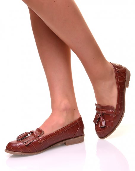 Brown croc-effect fringed and pompom moccasins