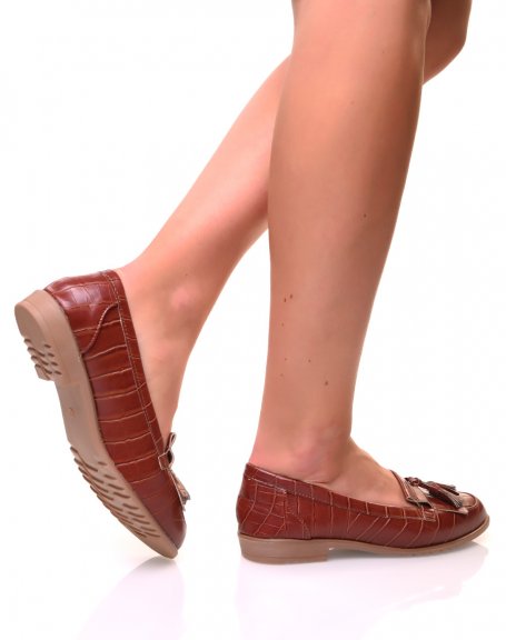 Brown croc-effect fringed and pompom moccasins