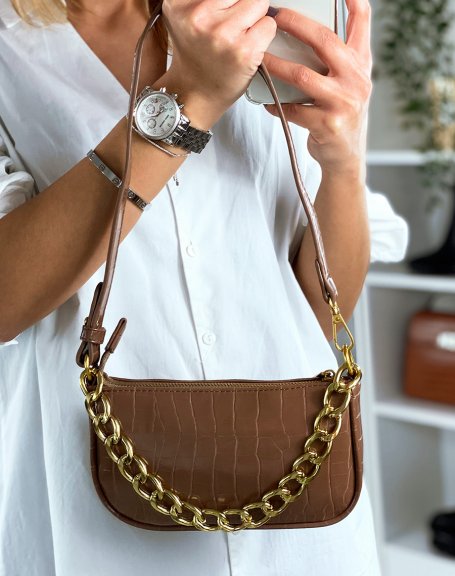 Brown croc-effect handbag with golden chain
