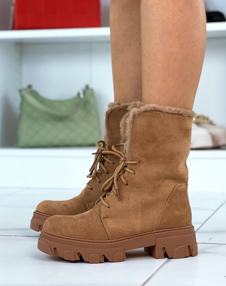 Brown faux fur suede ankle boots