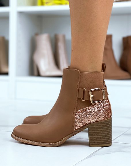 Brown heeled ankle boots with glitter detail