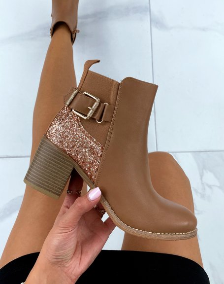 Brown heeled ankle boots with glitter detail