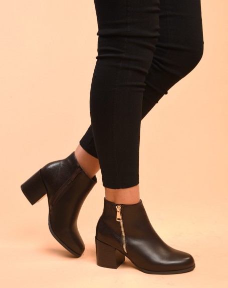 Brown heeled ankle boots with python closure & patterns