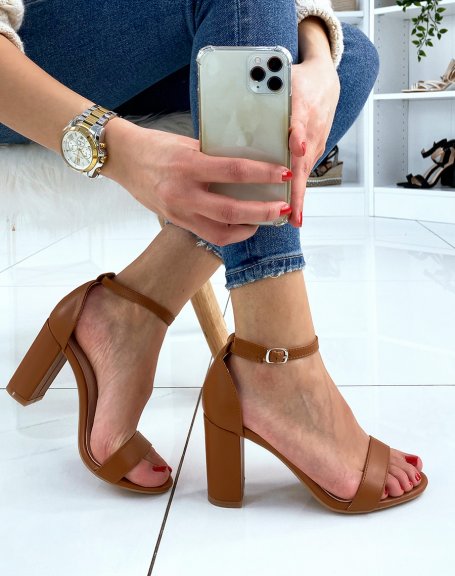 Brown heeled sandals with thin straps