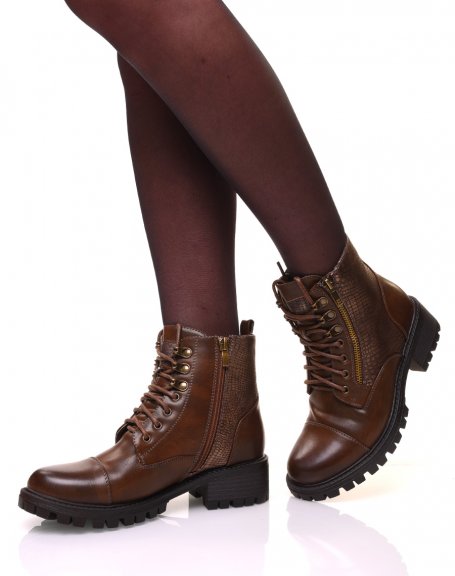 Brown high ankle boots with laces and gold croco effect