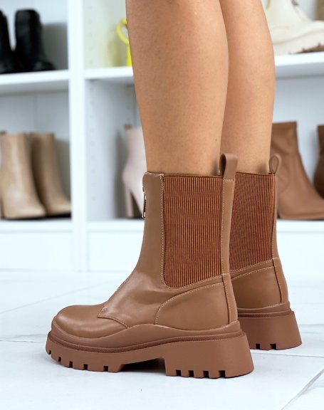 Brown high ankle boots with zip and elastic