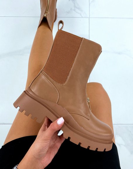 Brown high ankle boots with zip and elastic