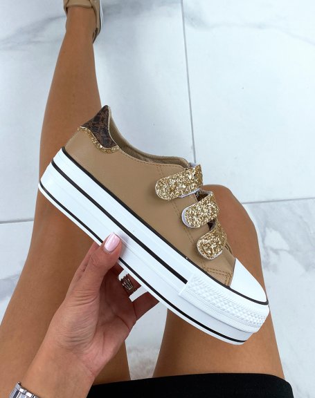 Brown low-top sneakers with gold glitter Velcro and chunky sole